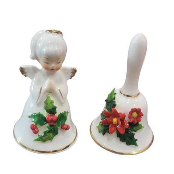 Vintage Napcoware Bone China Christmas Bell Set of 2 Angel Poinsetta - Picture 1 of 11